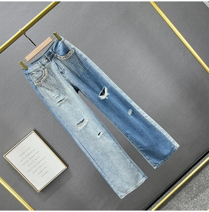 High Waist Wide Leg Jeans Women's Summer Loose Slimming Diamond Embedded Long Pants Break Hole Denim Pants Hong Kong Sle ...