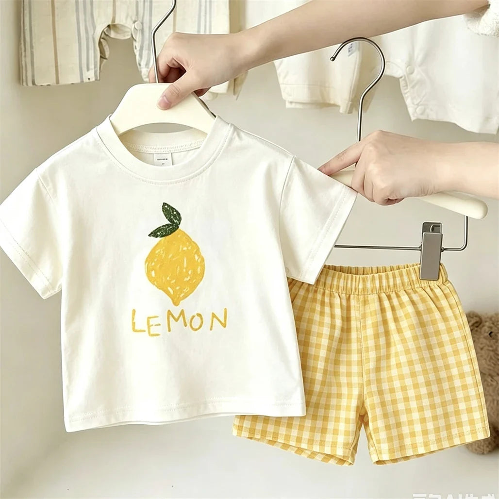 Lovely Suits White TShirt+Plaid Shorts Two Piece Set Casual Loose 2026 Summer Clothing Short-sleeved Tracksuits Child's Costume