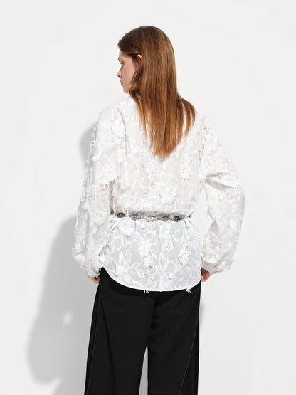 2026 New Spring Summer Women's 3D Jacquard Round V-Neck Blouse Long Sleeve Office Shirt for Quiet Minimalist Commute Top