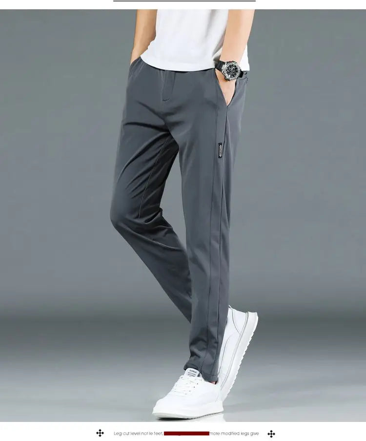 Ice silk men's pants 2026 summer new black gray thin business casual pants outdoor elastic breathable straight leg sports pants