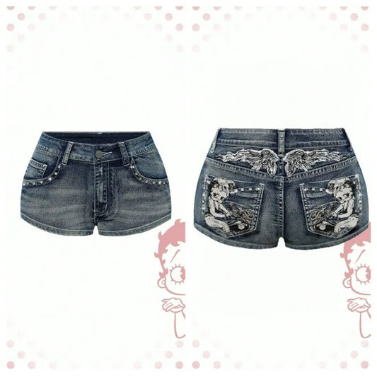 Women's Blue Denim Shorts Y2k Jeans Harajuku American Vintage High Waist Jorts Casual Jeans 2000s Embroidery Sexy Clothes Summer