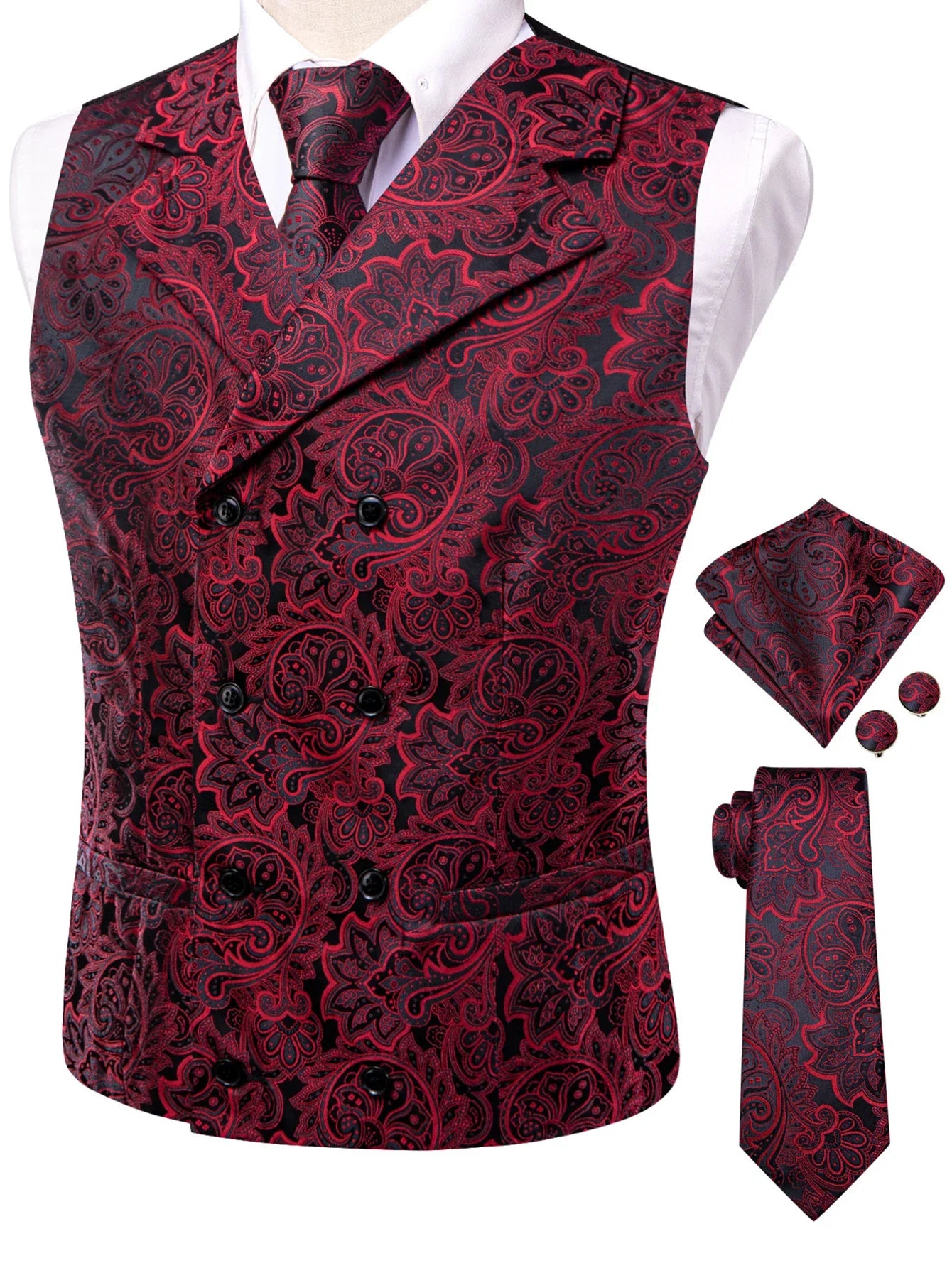 Dark Red Men's Vests Silk Paisley Jacquard Waistcoat Jacket NeckTie Hanky Cufflinks for Men Business Party Designer Gifts
