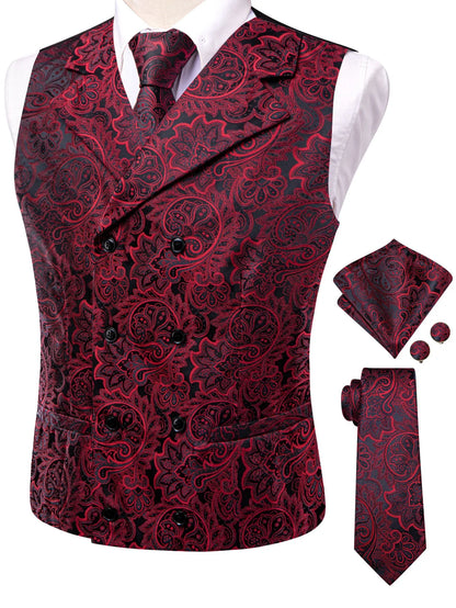 Dark Red Men's Vests Silk Paisley Jacquard Waistcoat Jacket NeckTie Hanky Cufflinks for Men Business Party Designer Gifts