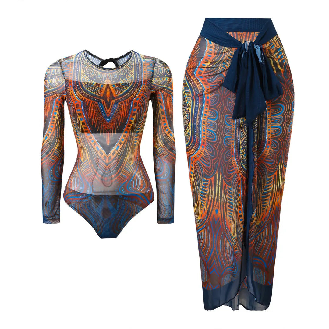 S - XXL Printed Long Sleeve With Sarong One Piece Swimsuit Women Swimwear Female Flowers Padded Bather Bathing Suit Swim V7181
