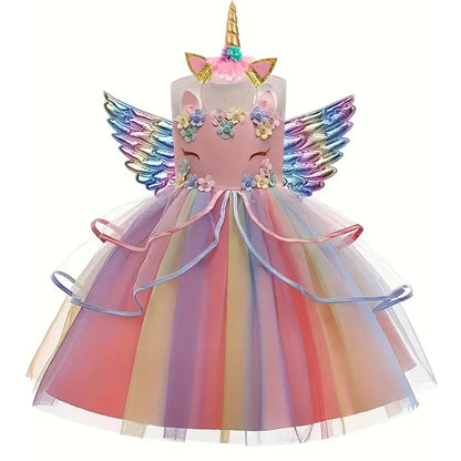Dreamy Girl Embroidery Sleeveless Unicorn Mesh Princess Dress With Hair Hoop Wing For Kids Party Performance Birthday Gift 2-10T
