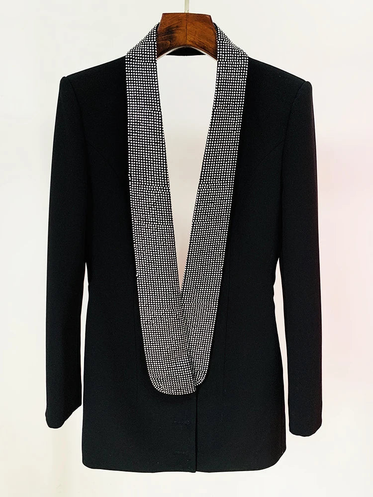 HIGH STREET 2026 Runway Fashion Designer Jacket Women's Stylish Backless Rhinestone Diamonds Beaded Shawl Collar Long Blazer