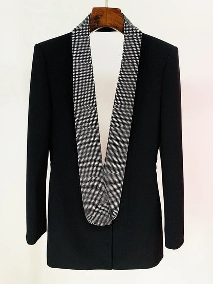 HIGH STREET 2026 Runway Fashion Designer Jacket Women's Stylish Backless Rhinestone Diamonds Beaded Shawl Collar Long Blazer