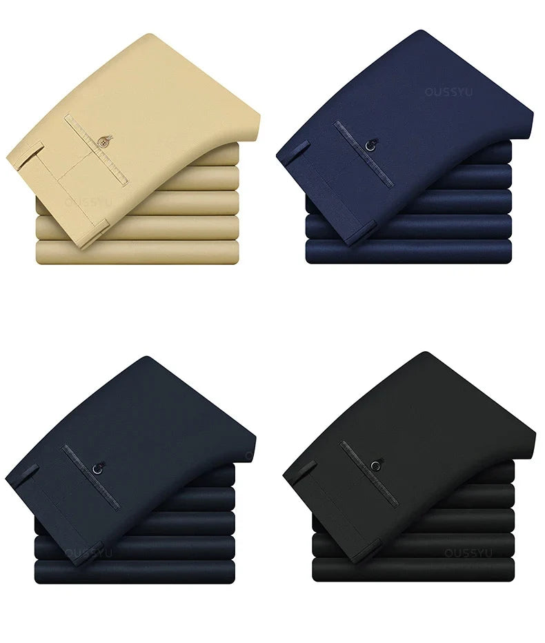 New Summer Cosy Soft Bamboo Fiber Straight Suit Pants Men Business Stretch Thin Navy Blue Casual Trousers Male Large Size 40 42