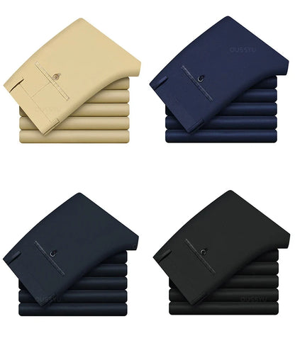 New Summer Cosy Soft Bamboo Fiber Straight Suit Pants Men Business Stretch Thin Navy Blue Casual Trousers Male Large Size 40 42