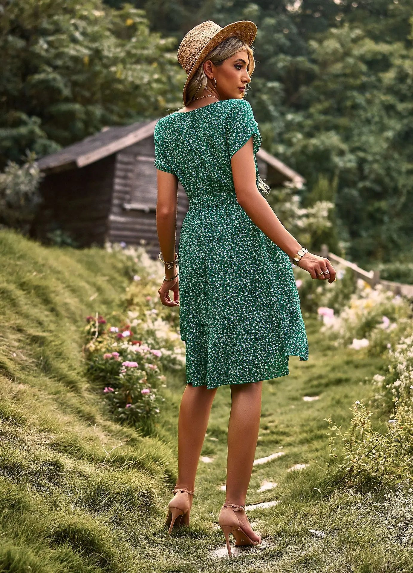 Summer O Neck Casual Printd Women Strap High Waist Pleated Floral Dress