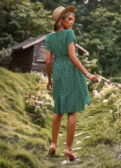 Summer O Neck Casual Printd Women Strap High Waist Pleated Floral Dress