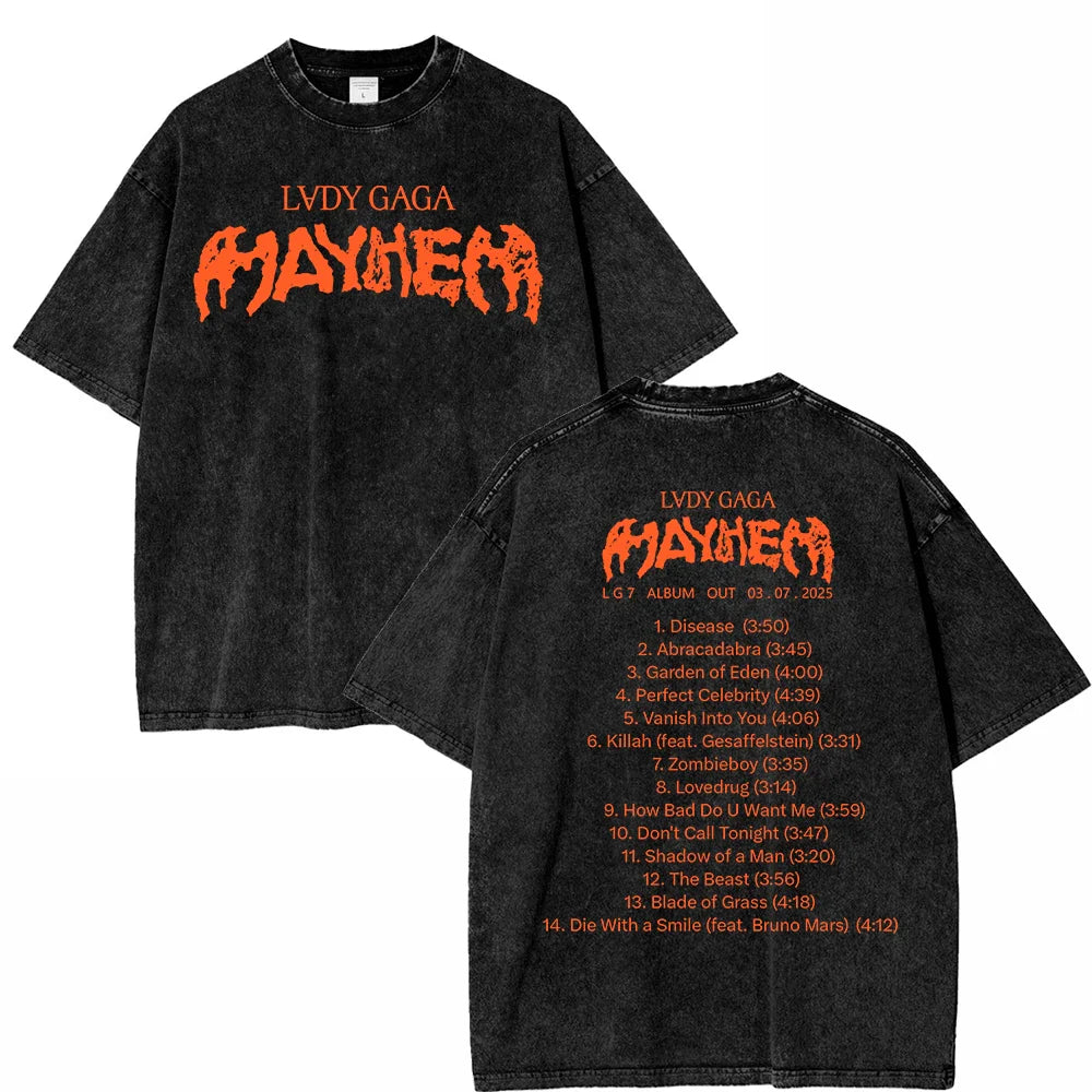 Vintage Washed Lady Gaga The Mayhem Ball Tour 2025 T Shirt Fashion Men/Women Aesthetic High Quality Acid Wash 100% Cotton Tees