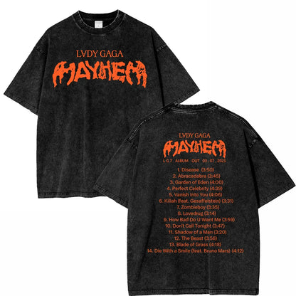 Vintage Washed Lady Gaga The Mayhem Ball Tour 2025 T Shirt Fashion Men/Women Aesthetic High Quality Acid Wash 100% Cotton Tees
