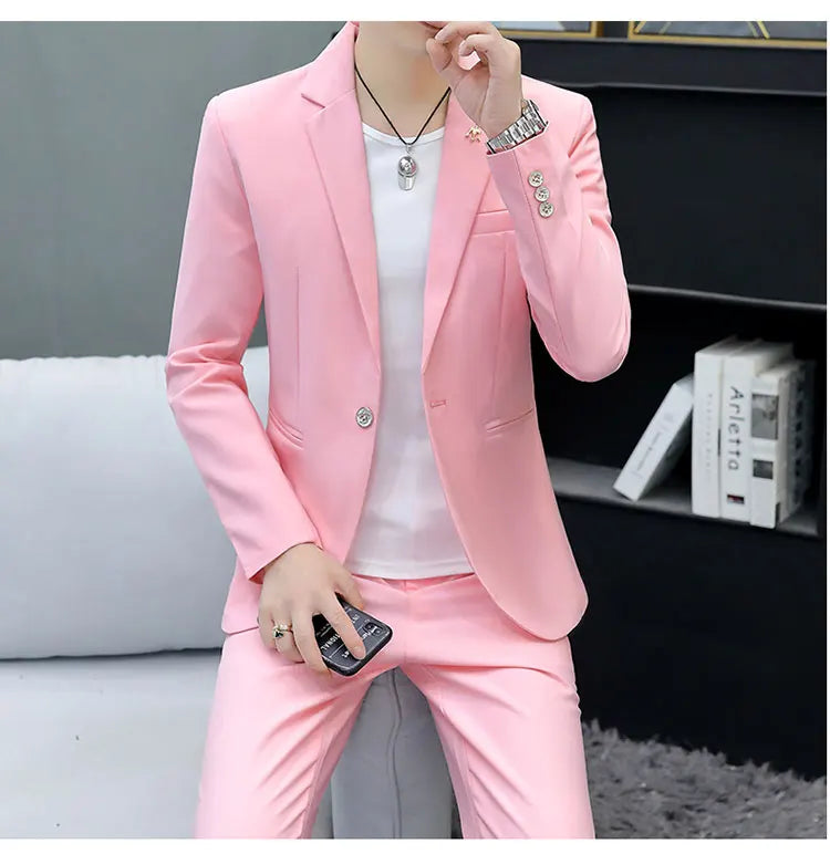 Slim Fit Two-Piece Suit Casual Business Style Solid Color Autumn  Dress Suit with Trousers Included Stylish Men's Costume