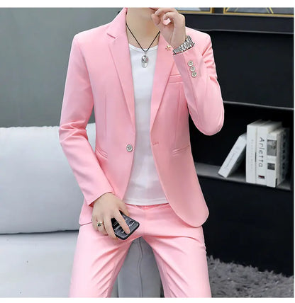 Slim Fit Two-Piece Suit Casual Business Style Solid Color Autumn  Dress Suit with Trousers Included Stylish Men's Costume