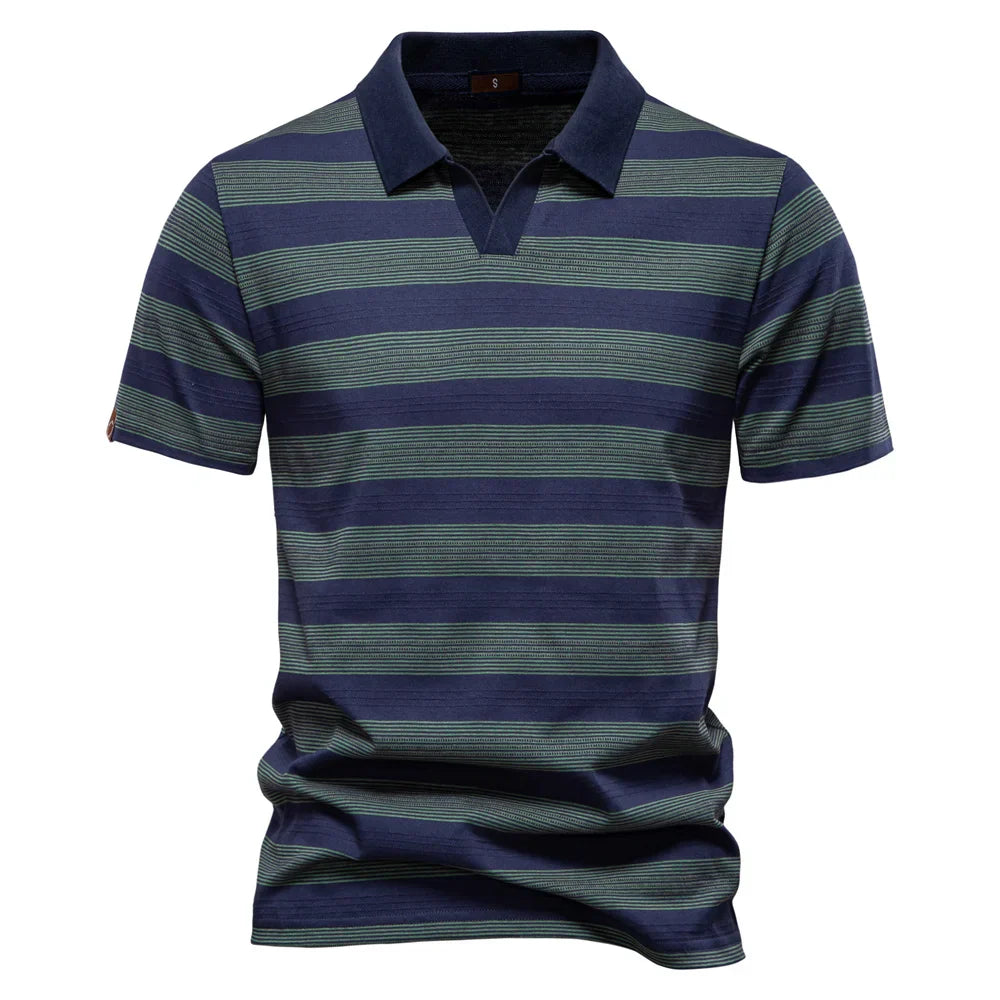 2025 New Summer Striped V Neck Cotton Polo Shirts for Men Breathable Short Sleeve Casual Knit Shirts Comfort Fit