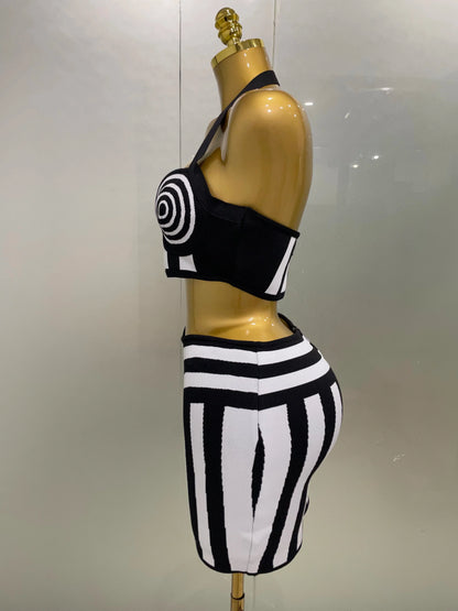2025 New Women Celebrity Sexy Jacquard Black White Two Piece Bodycon Striped Bandage Skirt Set Designer Evening Party Dress