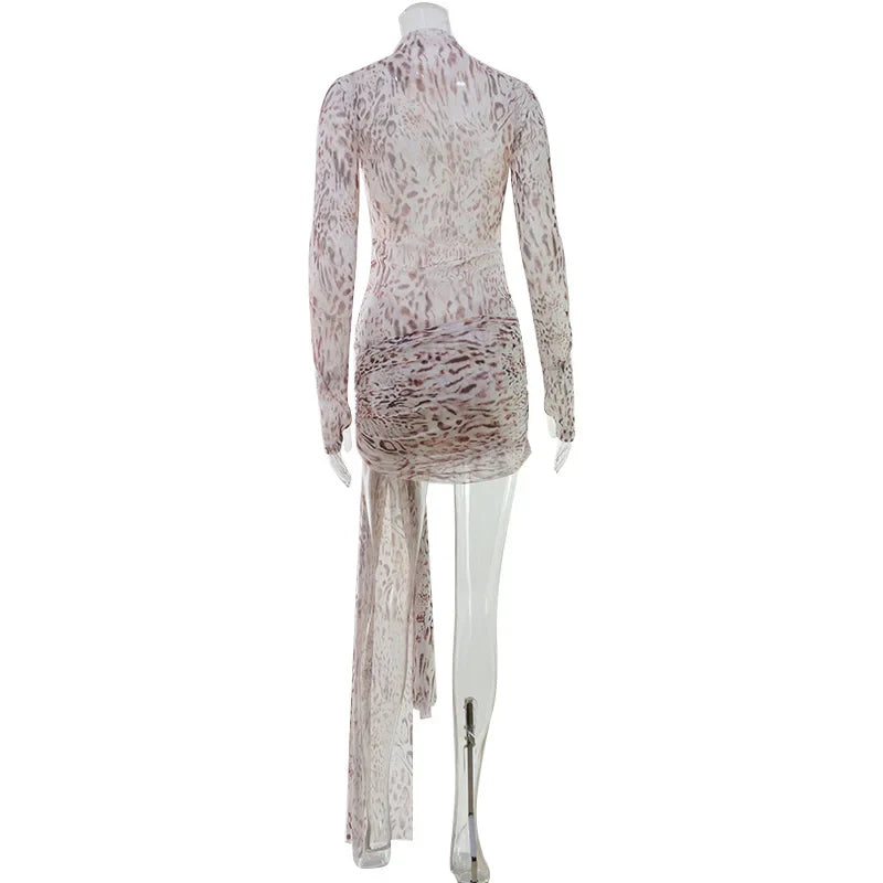 Sexy Sheer Women'Mini Dresses Turtleneck Print Regular Long Sleeves Ribbon Sheath Bodycon Casual Streetwear Female Robe