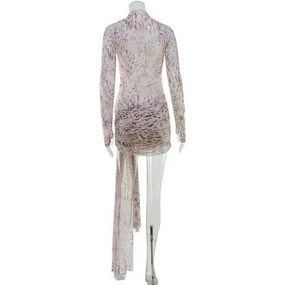 Sexy Sheer Women'Mini Dresses Turtleneck Print Regular Long Sleeves Ribbon Sheath Bodycon Casual Streetwear Female Robe