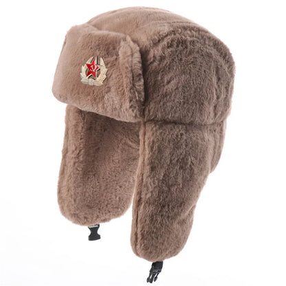 Winter Women Soviet Badge Bomber Hat Warm Faux Rabbit Fur Pilot Ushanka Windproof Thermal Earflap Hats For Men Ski Caps