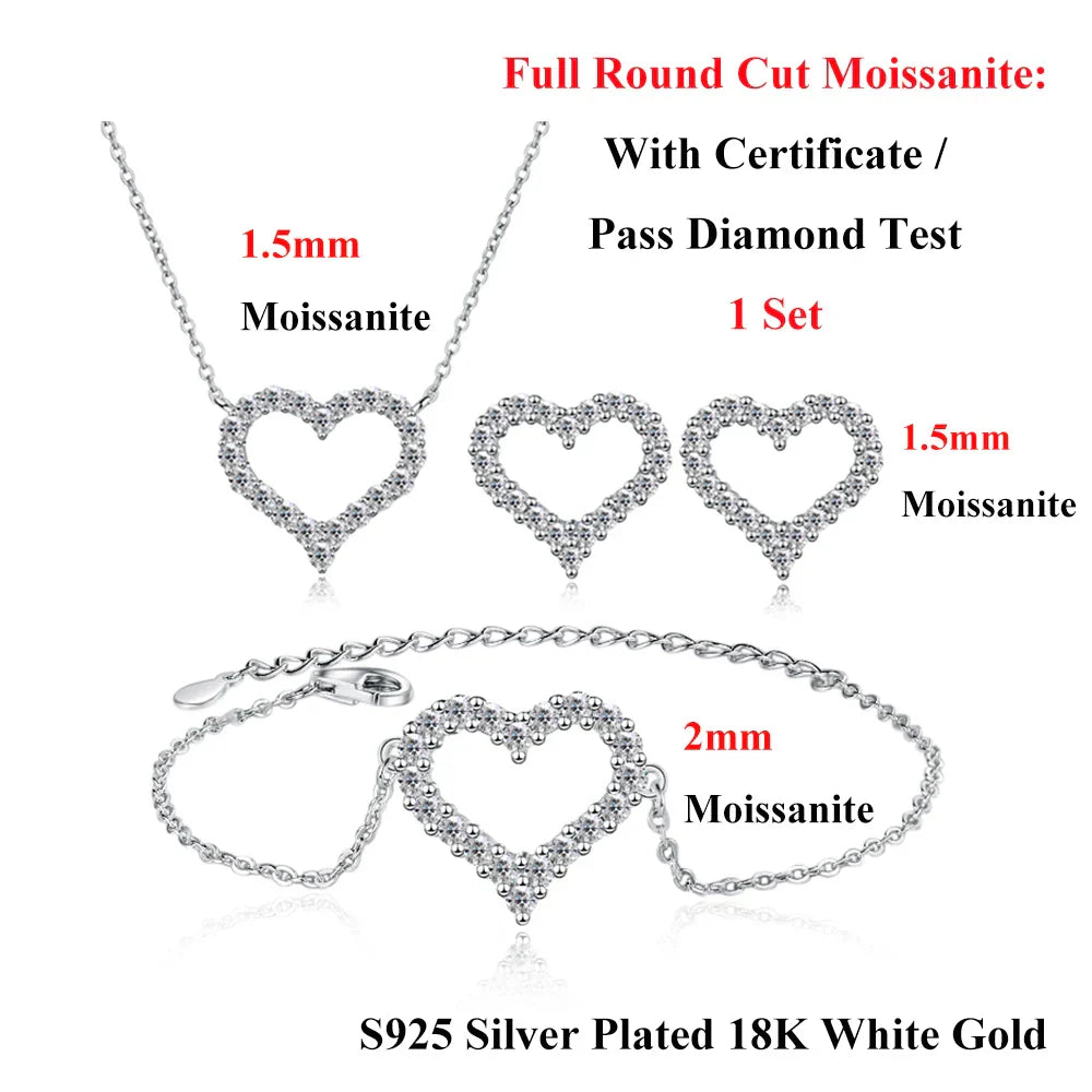 Heart Shape Full D Color Moissanite Link Bracelet Pendant for Women Girls S925 Silver Lab Diamond Chain Bracelets Earrings
