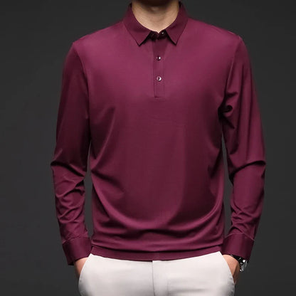 Mulberry Silk Men's Polo Shirts Luxury Long Sleeve Solid Color Golf Male T-shirts Spring Autumn Business Casual Man Tees