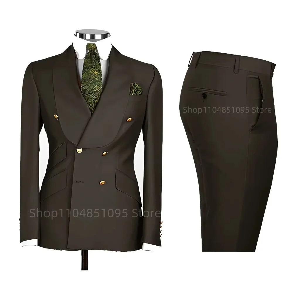 2 PCS Men's Smart Casual Solid Formal Tuxedo Suits with Shawl Lapel Double Breasted Jacket And Pants for Business And Wedding