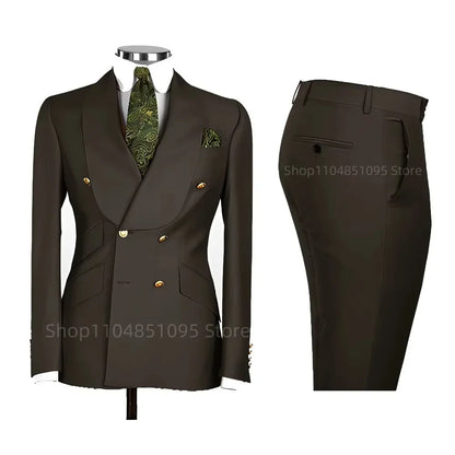 2 PCS Men's Smart Casual Solid Formal Tuxedo Suits with Shawl Lapel Double Breasted Jacket And Pants for Business And Wedding