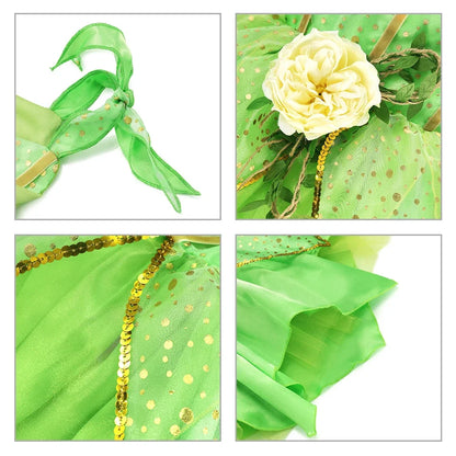 Girls Green Elf Dress Princess Dress Up Children Fairy Dress Halloween Cosplay Beauty Flower Fairy Costume Party Clothing