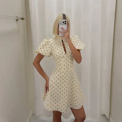 Retro Polka Dot Mini A-line Dress Elegant Stand Collar Puff Short Sleeve Waist-cinching Dresses 2026 New Lady Party Gowns