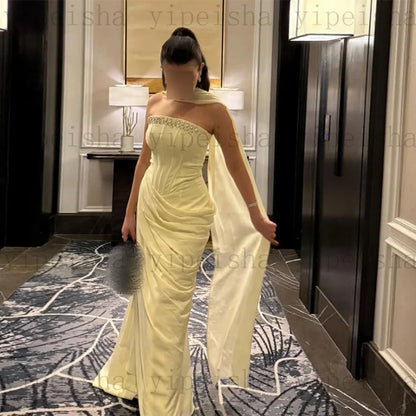 Customized Strapless Evening Dresses Pleat rhinestone Beading Draped Straight ProM Gown Modern Long Chiffon Backless Party Dress