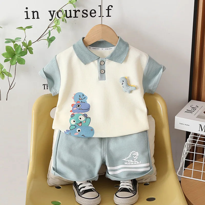 Summer Fashion Baby Girls Boys Clothes Suits Cartoon Dinosaur Polo TShirt Shorts 2pcs/Set Kids Children Toddler Casual Outfit