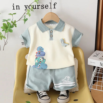 Summer Fashion Baby Girls Boys Clothes Suits Cartoon Dinosaur Polo TShirt Shorts 2pcs/Set Kids Children Toddler Casual Outfit
