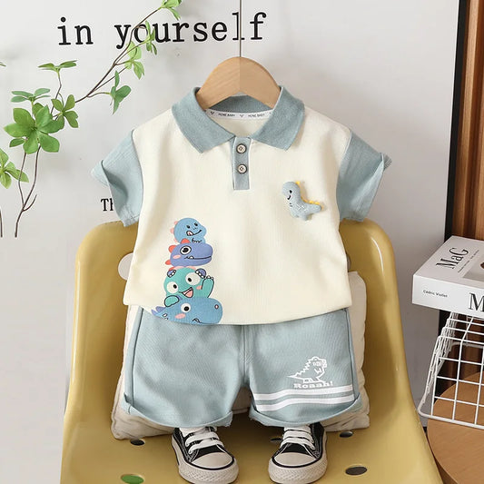 Summer Fashion Baby Girls Boys Clothes Suits Cartoon Dinosaur Polo TShirt Shorts 2pcs/Set Kids Children Toddler Casual Outfit