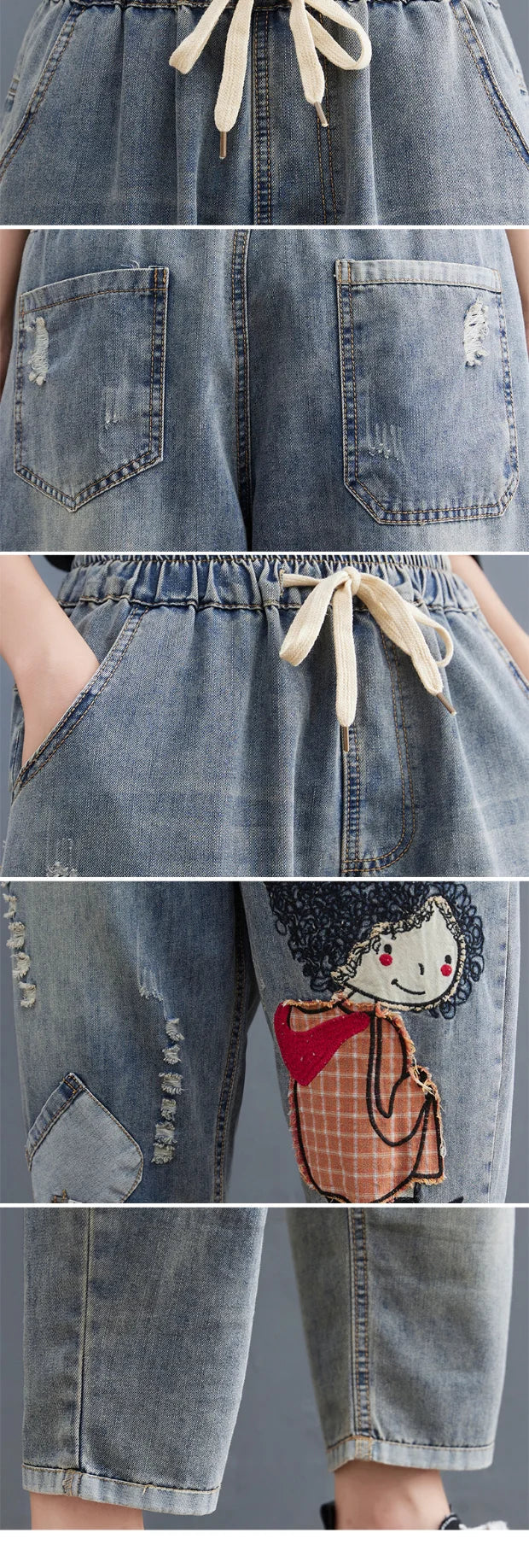 Elastic Waist Patchwork Embroidered Denim Harem Pants Women's Loose plus Size Fat MM Nine-Piece Cabbage Pants Autumn Season