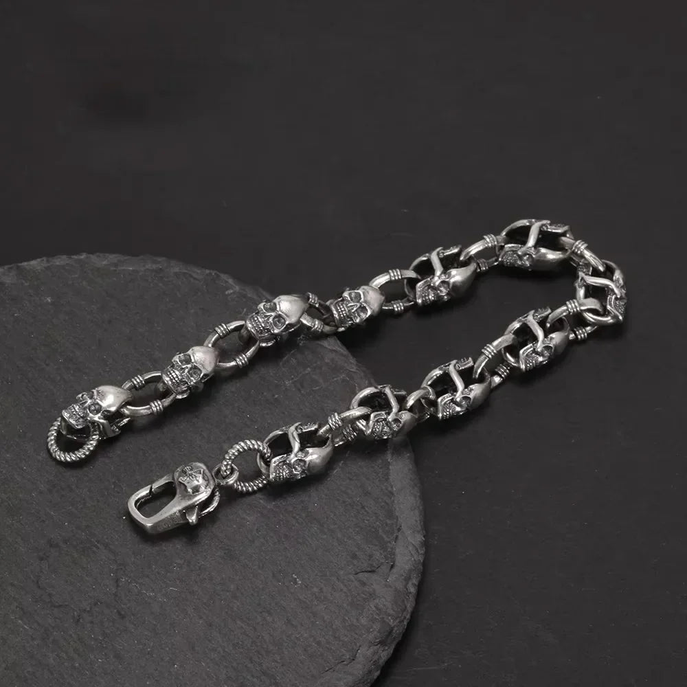Real 925 Sterling Silver Skull Chain Bracelet for Men and Women Gothic Domineering Street Rock Jewelry Gift