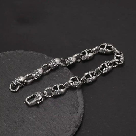 Bracelet chaîne tête de mort en argent sterling 925 véritable pour hommes et femmes, style gothique dominateur, bijoux rock de rue, cadeau