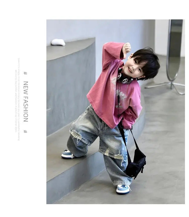 2pcs Set Children's Clothing 2026 Boy Spring Autumn New Korean Version Pink Gradient Base Shirt Fashion Personalized Denim Pants