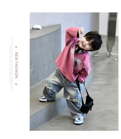 2pcs Set Children's Clothing 2026 Boy Spring Autumn New Korean Version Pink Gradient Base Shirt Fashion Personalized Denim Pants