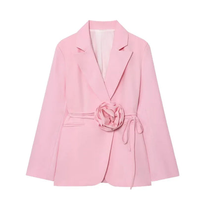 Women Notched Lapel Blazer with Floral Rose Belt Waist Tie Slim Long Sleeve Suit Jacket