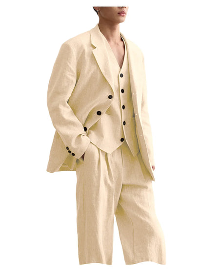 Men's Linen Suit Classic Notch Lapel 3 piece(Blazer+Vest+Pants)Breathable Wide Leg Trousers for Groom Spring Summer Party