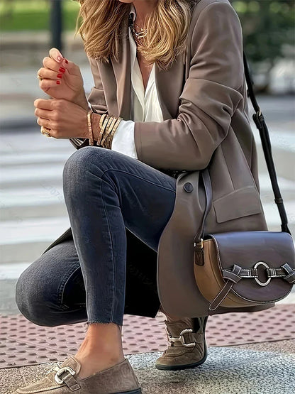 Fashionable Women's Brown Loose Blazer with Lapel and Pockets, Elegant Casual Office Everyday Jacket
