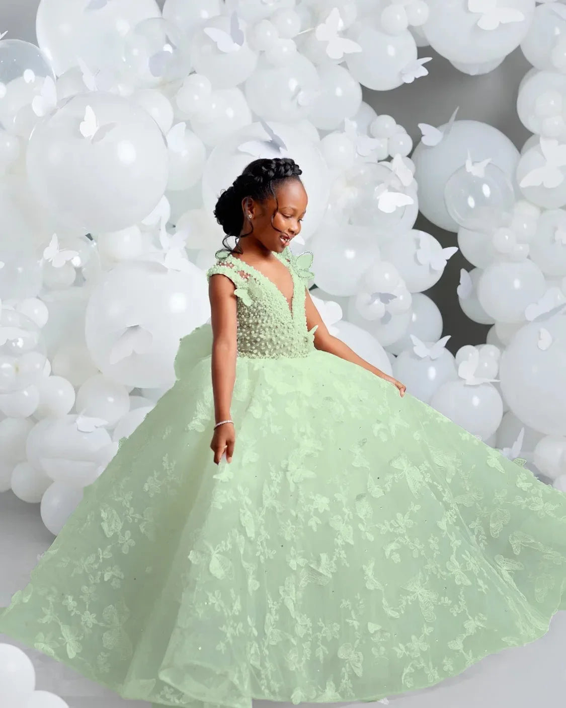 White Flower Girl Dresses for Wedding Butterfly Appliques Pearl Floor Length Girl Kids Birthday Party First Holy Communion Gown