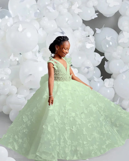 White Flower Girl Dresses for Wedding Butterfly Appliques Pearl Floor Length Girl Kids Birthday Party First Holy Communion Gown