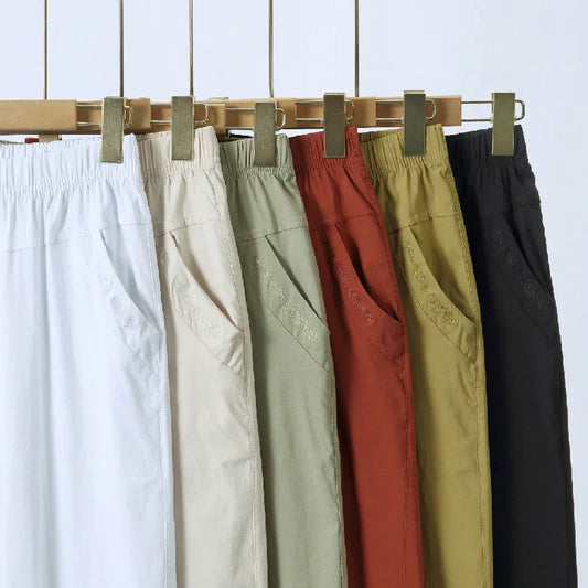 Summer Casual Washed Cotton Women's Plus Size Pants 2025 Elastic Waist Office Casual Outdoor Trousers Breathable Cool Clothing