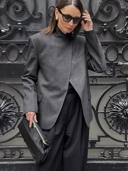 2026 Spring Blazer For Women Fashion Plaid Suit Coat Stand Collar Single Button Long Sleeve Jacket Female Fashion Streetwear