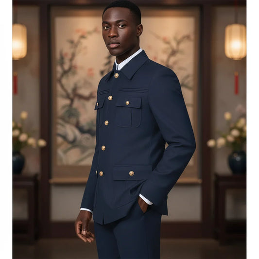 blue Elegant Men's suit Classic Fit Multi Buckle Multi Pocket  Casual Business Set Men's 2-piece Set