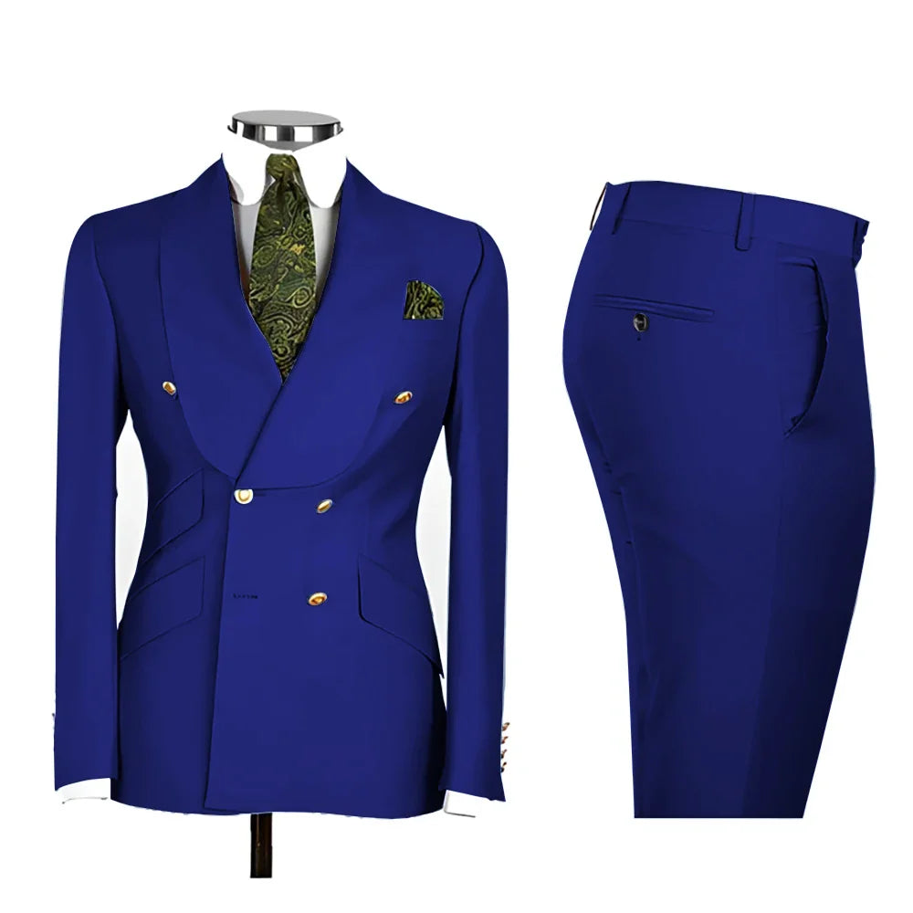 Lvory Shawl Lapel 2 Piece Suit Double Breasted Men's Jacket Pants with Gold Buttons Formal Wedding Groom Attire Prom Tuxedos