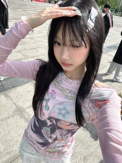 Karrram Japanese Y2k Anime Print Mesh Tops 2000s Aesthetics Pink Sheer Top Vintage Harajuku Kawaii See Through T-shirt Lolita