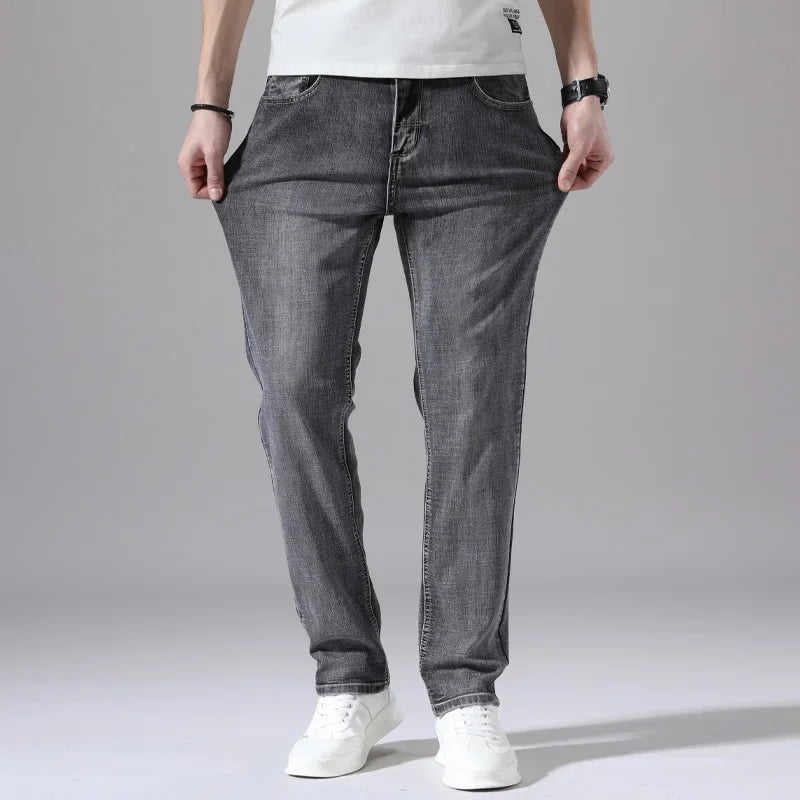 2026 Cotton Stretch Jeans Business Casual Men's Thin Denim Jeans Grey Spring Summer Brand New Fit Straight Lightweight